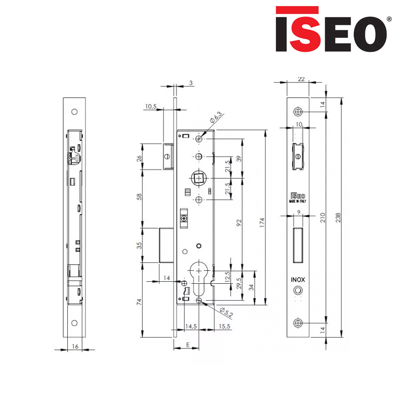 ZAMEK 92WB, E25mm, 238x22x3mm, STAL NIERDZEWNA ISEO