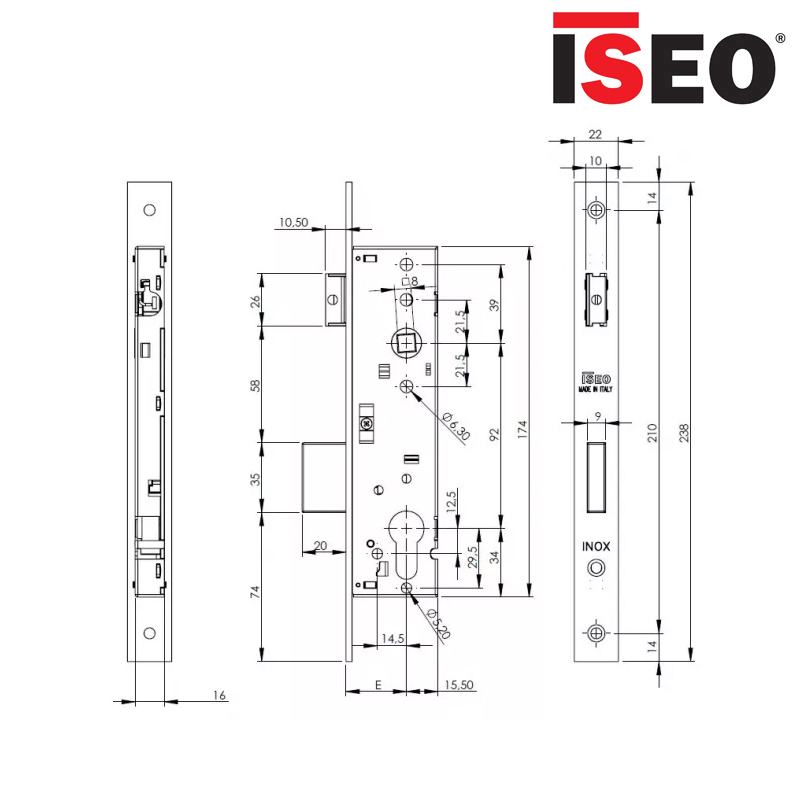 ZAMEK 92WB, E30mm, 238x22x3mm, STAL NIERDZEWNA ISEO