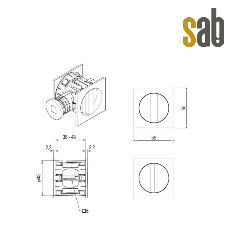 ZAMEK HOOKY ZERO KWADRATOWY Z BLOKADĄ WC CHROMOWANY [GRUBOŚĆ DRZWI 38-48 mm] SAB