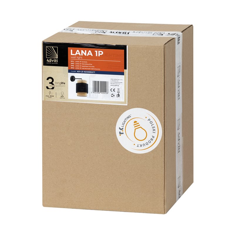 LANA 1P, KINKIET, E27 MAX. 60W, CZARNY ORNO LANA 1P, KINKIET, E27 MAX. 60W, CZARNY ORNO
