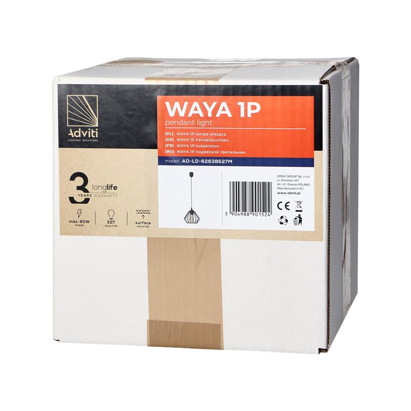 WAYA LAMPA WISZĄCA, MOC MAX. 1X60W, E27, CZARNA ORNO WAYA LAMPA WISZĄCA, MOC MAX. 1X60W, E27, CZARNA ORNO