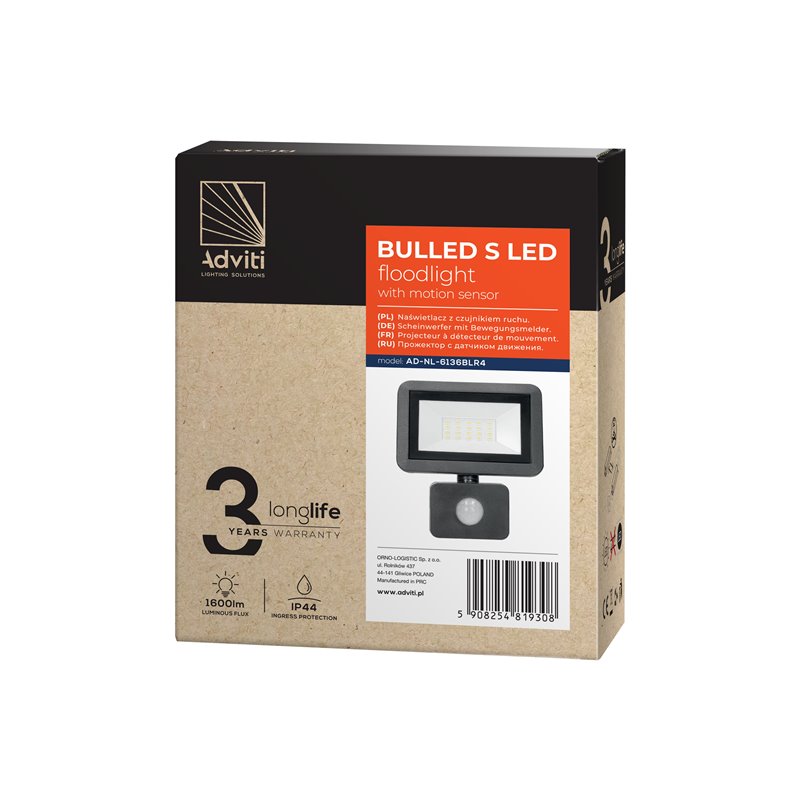 BULLED S 20W NAŚWIETLACZ Z PIR, 1600LM, IP44, 4000K, ALUMINIUM +SZKŁO ORNO BULLED S 20W NAŚWIETLACZ Z PIR, 1600LM, IP44, 4000K, ALUMINIUM +SZKŁO ORNO