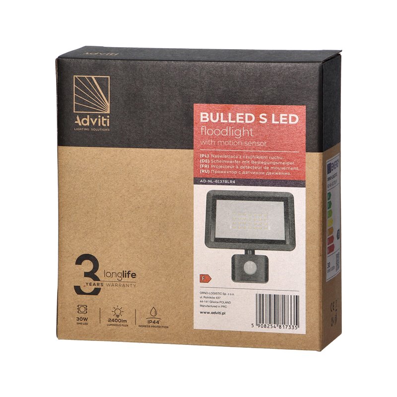 BULLED S 30W NAŚWIETLACZ Z PIR, 2400LM, IP44, 4000K, ALUMINIUM + SZKŁO ORNO BULLED S 30W NAŚWIETLACZ Z PIR, 2400LM, IP44, 4000K, ALUMINIUM + SZKŁO ORNO