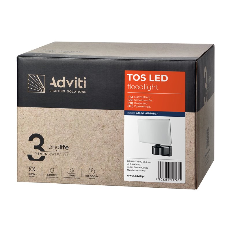 TOS LED 30W NAŚWIETLACZ OGRODOWY LED, 2200LM, IP65, 4000K, PC, CZARNY ORNO TOS LED 30W NAŚWIETLACZ OGRODOWY LED, 2200LM, IP65, 4000K, PC, CZARNY ORNO