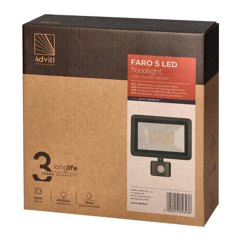 FARO S LED NAŚWIETLACZ Z PIR 50W, 4000LM, IP44, 4000K, ALUMINIUM + SZKŁO ORNO FARO S LED NAŚWIETLACZ Z PIR 50W, 4000LM, IP44, 4000K, ALUMINIUM + SZKŁO ORNO