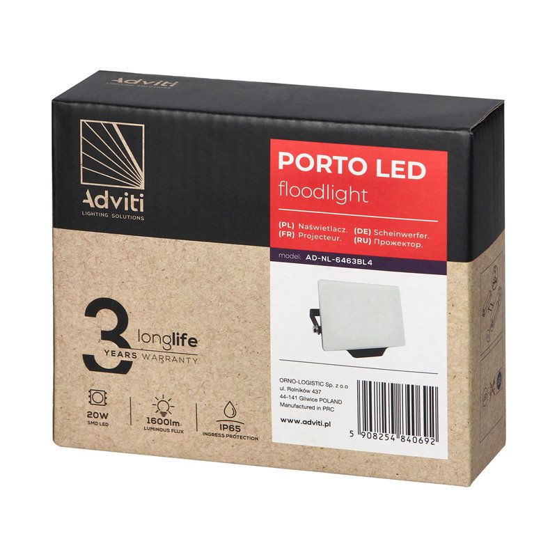 PORTO LED 20W NAŚWIETLACZ BEZRAMKOWY, 1600LM, IP65, 4000K, ALUMINIUM + POLIWĘGLAN ORNO PORTO LED 20W NAŚWIETLACZ BEZRAMKOWY, 1600LM, IP65, 4000K, ALUMINIUM + POLIWĘGLAN ORNO