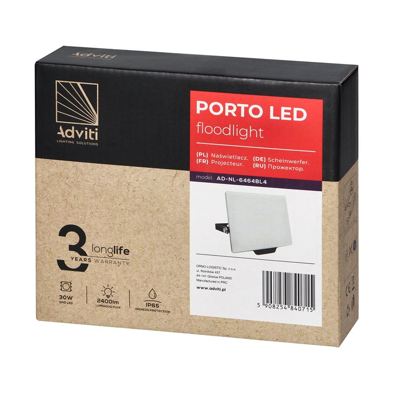 PORTO LED 30W NAŚWIETLACZ BEZRAMKOWY, 2400LM, IP65, 4000K, ALUMINIUM + POLIWĘGLAN ORNO PORTO LED 30W NAŚWIETLACZ BEZRAMKOWY, 2400LM, IP65, 4000K, ALUMINIUM + POLIWĘGLAN ORNO
