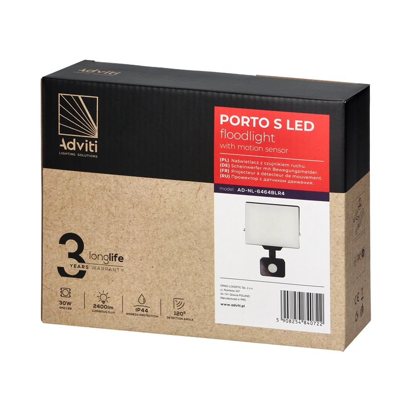 PORTO S LED 30W NAŚWIETLACZ Z PIR, 2400LM, IP44, 4000K, ALUMINIUM + POLIWĘGLAN ORNO PORTO S LED 30W NAŚWIETLACZ Z PIR, 2400LM, IP44, 4000K, ALUMINIUM + POLIWĘGLAN ORNO
