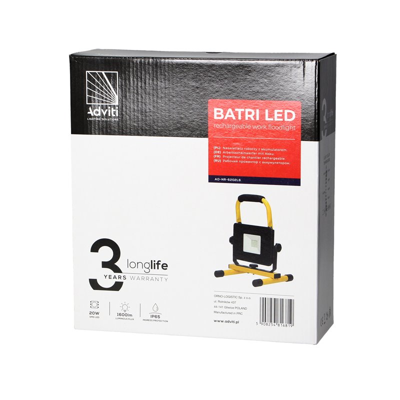 BATRI LED 20W, NAŚWIETLACZ ROBOCZY, PRZENOŚNY Z AKUMULATOREM, 1600LM, IP65, 6500K, 2200MAH ORNO BATRI LED 20W, NAŚWIETLACZ ROBOCZY, PRZENOŚNY Z AKUMULATOREM, 1600LM, IP65, 6500K, 2200MAH ORNO
