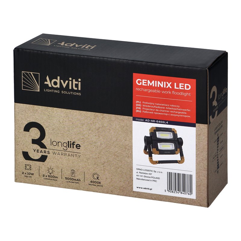 GEMINIX LED 2X10W, NAŚWIETLACZ ROBOCZY, PRZENOŚNY Z AKUMULATOREM, 1200LM, IP44, 4000K, 5000MAH ORNO GEMINIX LED 2X10W, NAŚWIETLACZ ROBOCZY, PRZENOŚNY Z AKUMULATOREM, 1200LM, IP44, 4000K, 5000MAH ORNO