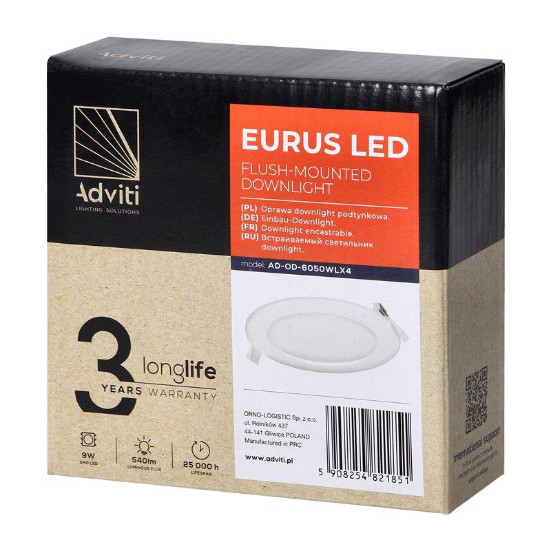 EURUS LED 9W, OPRAWA DOWNLIGHT, PODTYNKOWA, OKRĄGŁA, 540LM, 4000K, BIAŁA, WBUDOWANY ZASILACZ LED ORNO EURUS LED 9W, OPRAWA DOWNLIGHT, PODTYNKOWA, OKRĄGŁA, 540LM, 4000K, BIAŁA, WBUDOWANY ZASILACZ LED ORNO