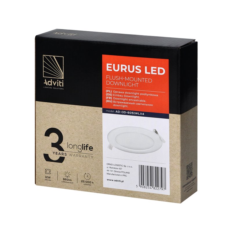 EURUS LED 12W, OPRAWA DOWNLIGHT, PODTYNKOWA, OKRĄGŁA, 860LM, 4000K, BIAŁA, WBUDOWANY ZASILACZ LED ORNO EURUS LED 12W, OPRAWA DOWNLIGHT, PODTYNKOWA, OKRĄGŁA, 860LM, 4000K, BIAŁA, WBUDOWANY ZASILACZ LED ORNO