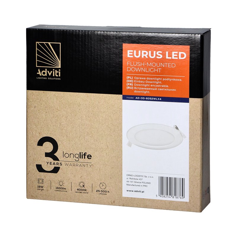 EURUS LED 18W, OPRAWA DOWNLIGHT, PODTYNKOWA, OKRĄGŁA, 1600LM, 4000K, BIAŁA, WBUDOWANY ZASILACZ LED ORNO EURUS LED 18W, OPRAWA DOWNLIGHT, PODTYNKOWA, OKRĄGŁA, 1600LM, 4000K, BIAŁA, WBUDOWANY ZASILACZ LED ORNO