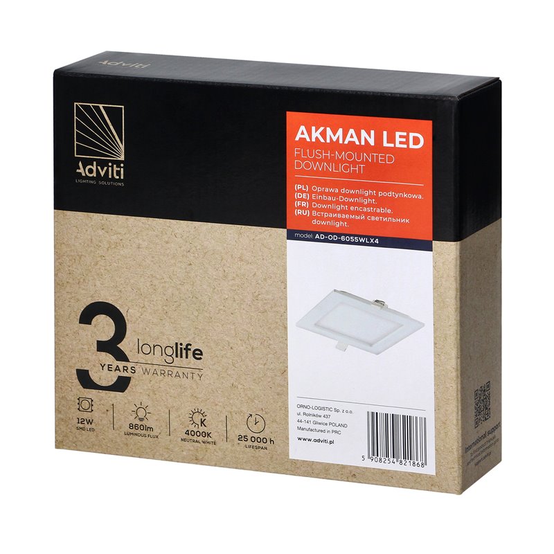 AKMAN LED 12W, OPRAWA DOWNLIGHT, PODTYNKOWA, KWADRATOWA, 860LM, 4000K, BIAŁA, WBUDOWANY ZASILACZ LED ORNO AKMAN LED 12W, OPRAWA DOWNLIGHT, PODTYNKOWA, KWADRATOWA, 860LM, 4000K, BIAŁA, WBUDOWANY ZASILACZ LED ORNO