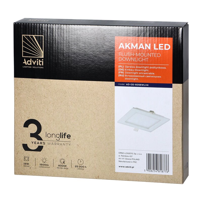 AKMAN LED 18W, OPRAWA DOWNLIGHT, PODTYNKOWA, KWADRATOWA, 1600LM, 4000K, BIAŁA, WBUDOWANY ZASILACZ LED ORNO AKMAN LED 18W, OPRAWA DOWNLIGHT, PODTYNKOWA, KWADRATOWA, 1600LM, 4000K, BIAŁA, WBUDOWANY ZASILACZ LED ORNO