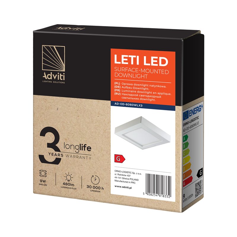 LETI LED 9W, OPRAWA DOWNLIGHT, NATYNKOWA, KWADRATOWA, 530LM, 3000K, BIAŁA, WBUDOWANY ZASILACZ LED ORNO LETI LED 9W, OPRAWA DOWNLIGHT, NATYNKOWA, KWADRATOWA, 530LM, 3000K, BIAŁA, WBUDOWANY ZASILACZ LED ORNO