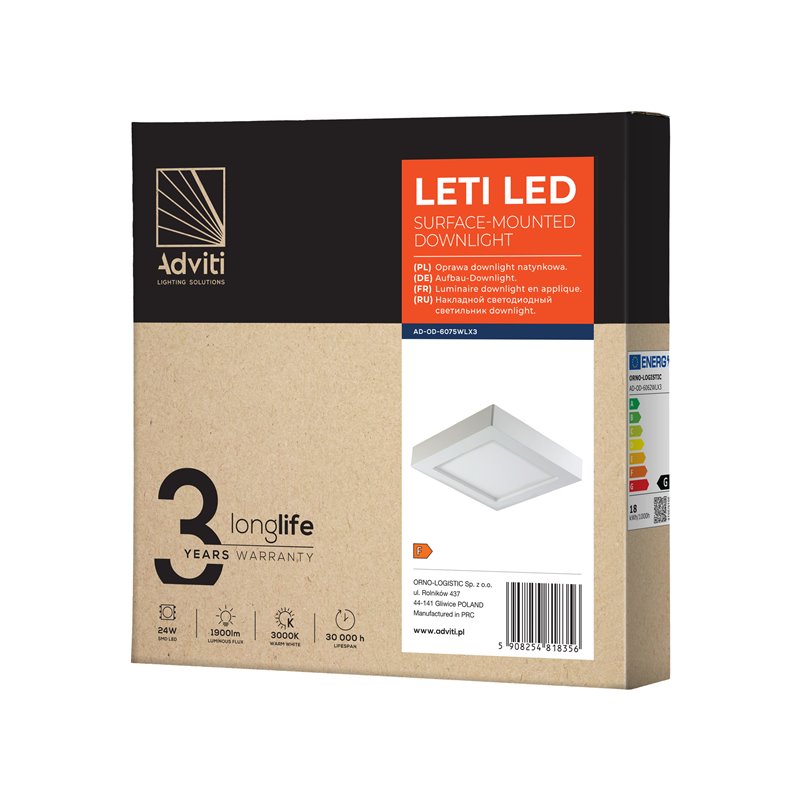 LETI LED 24W, OPRAWA DOWNLIGHT, NATYNKOWA, KWADRATOWA, 1900LM, 3000K, BIAŁA, WBUDOWANY ZASILACZ LED ORNO LETI LED 24W, OPRAWA DOWNLIGHT, NATYNKOWA, KWADRATOWA, 1900LM, 3000K, BIAŁA, WBUDOWANY ZASILACZ LED ORNO