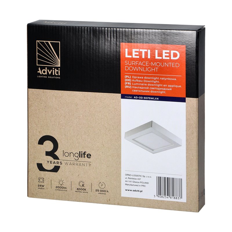 LETI LED 24W, OPRAWA DOWNLIGHT, NATYNKOWA, KWADRATOWA, 2000LM, 4000K, BIAŁA, WBUDOWANY ZASILACZ LED ORNO LETI LED 24W, OPRAWA DOWNLIGHT, NATYNKOWA, KWADRATOWA, 2000LM, 4000K, BIAŁA, WBUDOWANY ZASILACZ LED ORNO