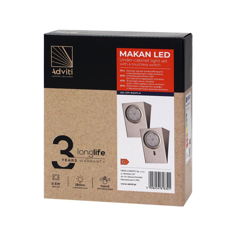 ZESTAW OPRAW PODSZAFKOWYCH MAKAN LED 2W, 180LM, 4000K, Z WYŁĄCZNIKIEM BEZDOTYKOWYM, INOX ORNO ZESTAW OPRAW PODSZAFKOWYCH MAKAN LED 2W, 180LM, 4000K, Z WYŁĄCZNIKIEM BEZDOTYKOWYM, INOX ORNO