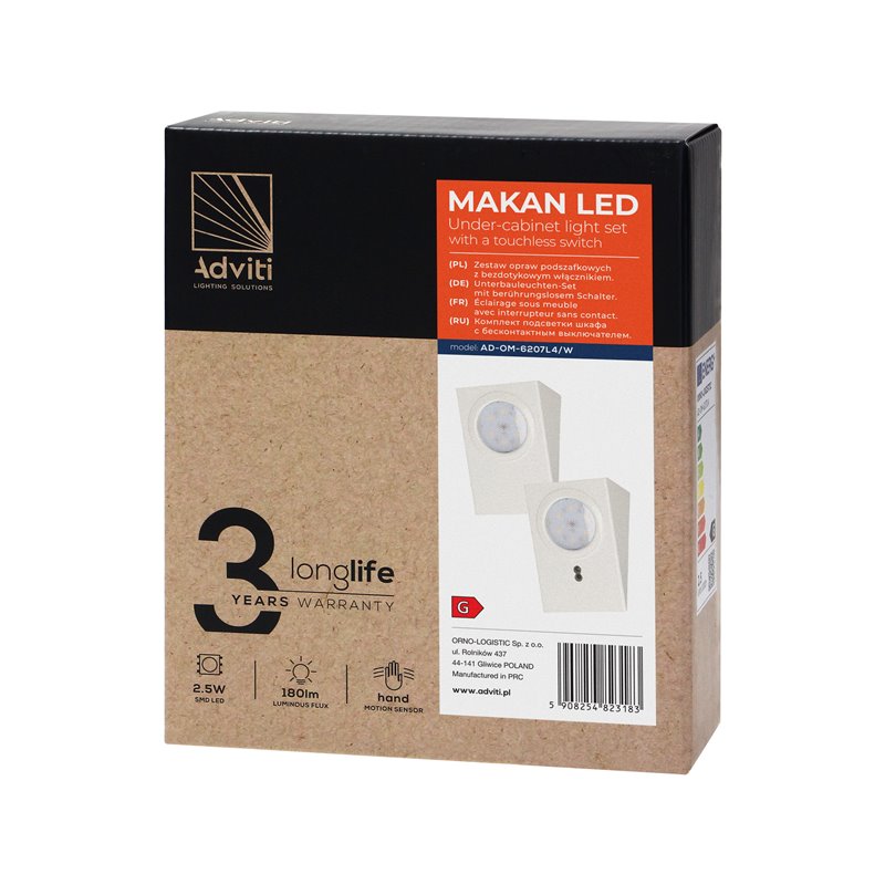 ZESTAW OPRAW PODSZAFKOWYCH MAKAN LED 2W, 180LM, 4000K, Z WYŁĄCZNIKIEM BEZDOTYKOWYM, BIAŁY ORNO ZESTAW OPRAW PODSZAFKOWYCH MAKAN LED 2W, 180LM, 4000K, Z WYŁĄCZNIKIEM BEZDOTYKOWYM, BIAŁY ORNO