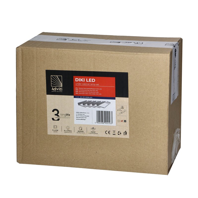 DIKI ZESTAW 5 LAMP PODSZAFKOWYCH LED, 5X2W, 4000K, Z WYŁĄCZNIKIEM BEZDOTYKOWYM, SREBRNY ORNO DIKI ZESTAW 5 LAMP PODSZAFKOWYCH LED, 5X2W, 4000K, Z WYŁĄCZNIKIEM BEZDOTYKOWYM, SREBRNY ORNO