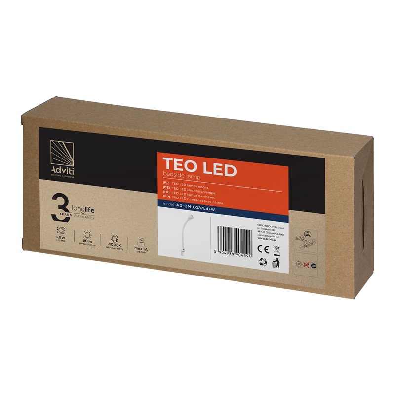 TEO LAMPKA NOCNA LED, 1,8/7,5W, 90LM, 4000K, Z USB, BIAŁA ORNO TEO LAMPKA NOCNA LED, 1,8/7,5W, 90LM, 4000K, Z USB, BIAŁA ORNO