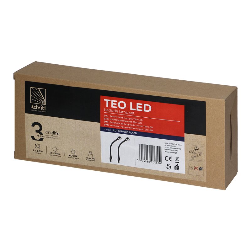 TEO ZESTAW 2 LAMPEK NOCNYCH LED, 2X1,8/7,5W, 4000K, Z USB, CZARNY ORNO TEO ZESTAW 2 LAMPEK NOCNYCH LED, 2X1,8/7,5W, 4000K, Z USB, CZARNY ORNO