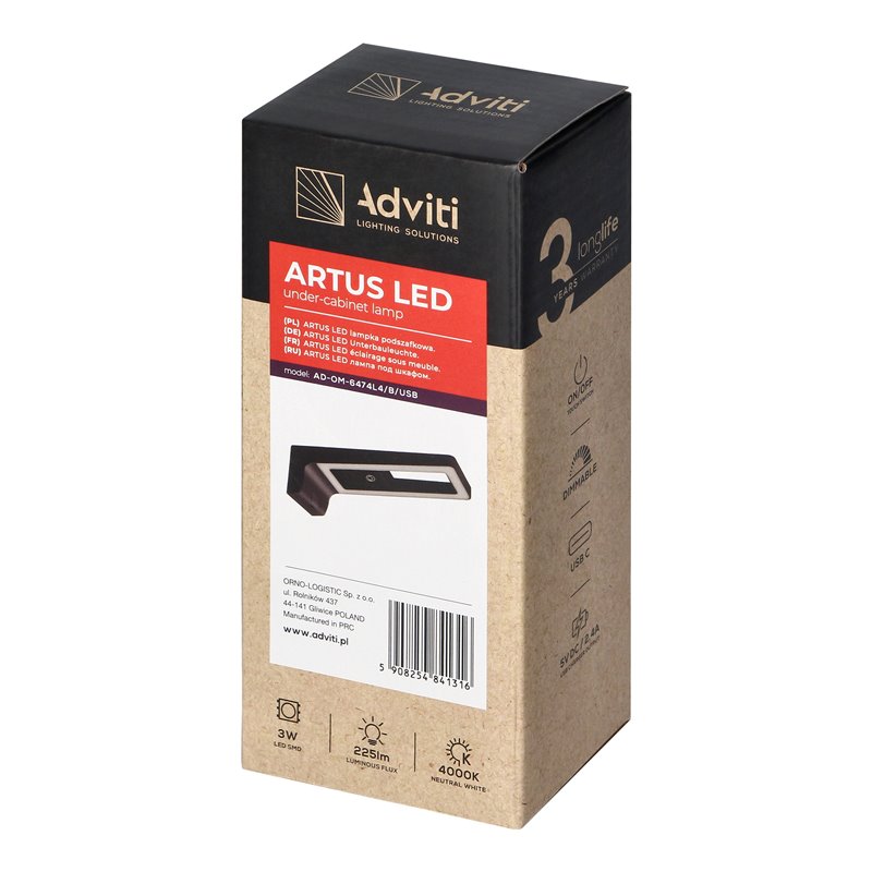 ARTUS LAMPKA PODSZAFKOWA LED 3W, 225LM, 4000K, Z WŁĄCZNIKIEM DOTYKOWYM I USB, CZARNA ORNO ARTUS LAMPKA PODSZAFKOWA LED 3W, 225LM, 4000K, Z WŁĄCZNIKIEM DOTYKOWYM I USB, CZARNA ORNO
