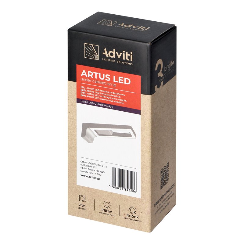 ARTUS LAMPKA PODSZAFKOWA LED 3W, 225LM, 4000K, SZARA ORNO ARTUS LAMPKA PODSZAFKOWA LED 3W, 225LM, 4000K, SZARA ORNO