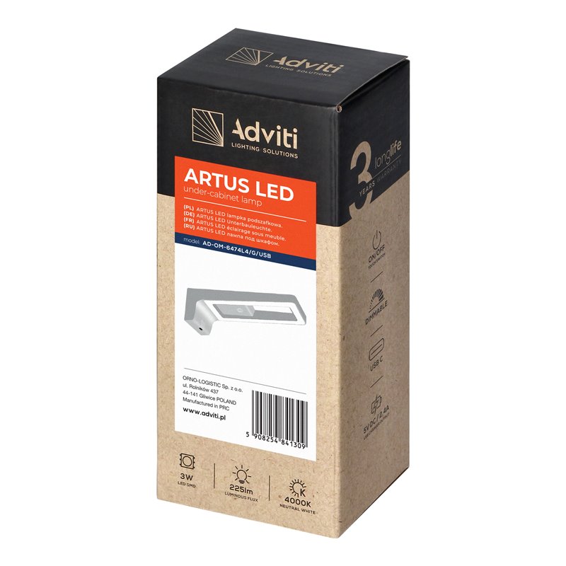 ARTUS LAMPKA PODSZAFKOWA LED 3W, 225LM, 4000K, Z WŁĄCZNIKIEM DOTYKOWYM I USB, SZARA ORNO ARTUS LAMPKA PODSZAFKOWA LED 3W, 225LM, 4000K, Z WŁĄCZNIKIEM DOTYKOWYM I USB, SZARA ORNO