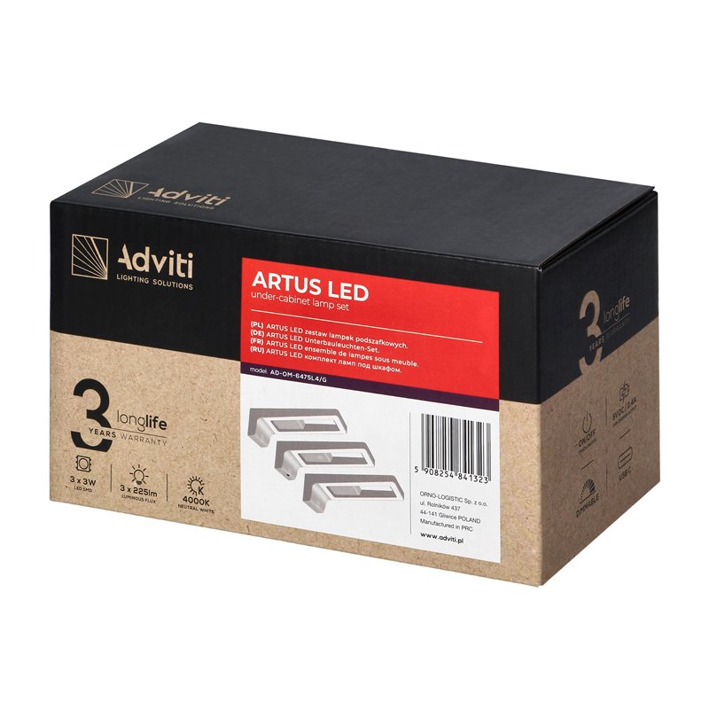 ARTUS ZESTAW 3 LAMPEK PODSZAFKOWYCH LED, 3X3W, 3X225LM, 4000K, Z WŁĄCZNIKIEM DOTYKOWYM I USB, SZARE ORNO ARTUS ZESTAW 3 LAMPEK PODSZAFKOWYCH LED, 3X3W, 3X225LM, 4000K, Z WŁĄCZNIKIEM DOTYKOWYM I USB, SZARE ORNO