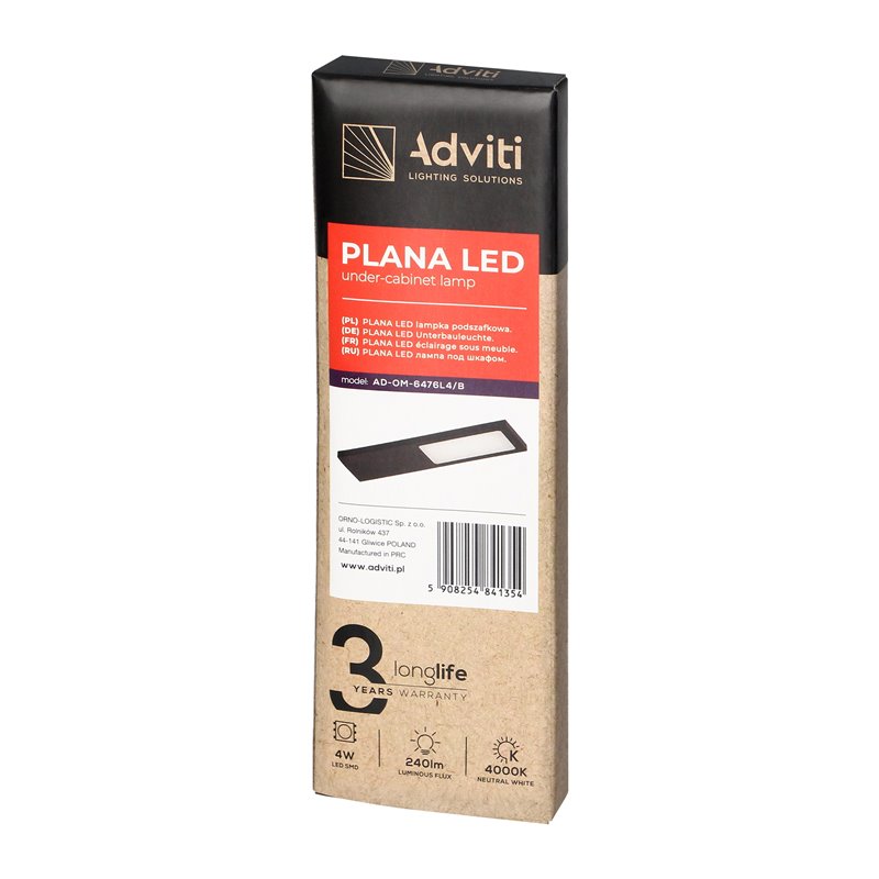 PLANA LAMPKA PODSZAFKOWA LED 4W, 240LM, 4000K, CZARNA ORNO PLANA LAMPKA PODSZAFKOWA LED 4W, 240LM, 4000K, CZARNA ORNO