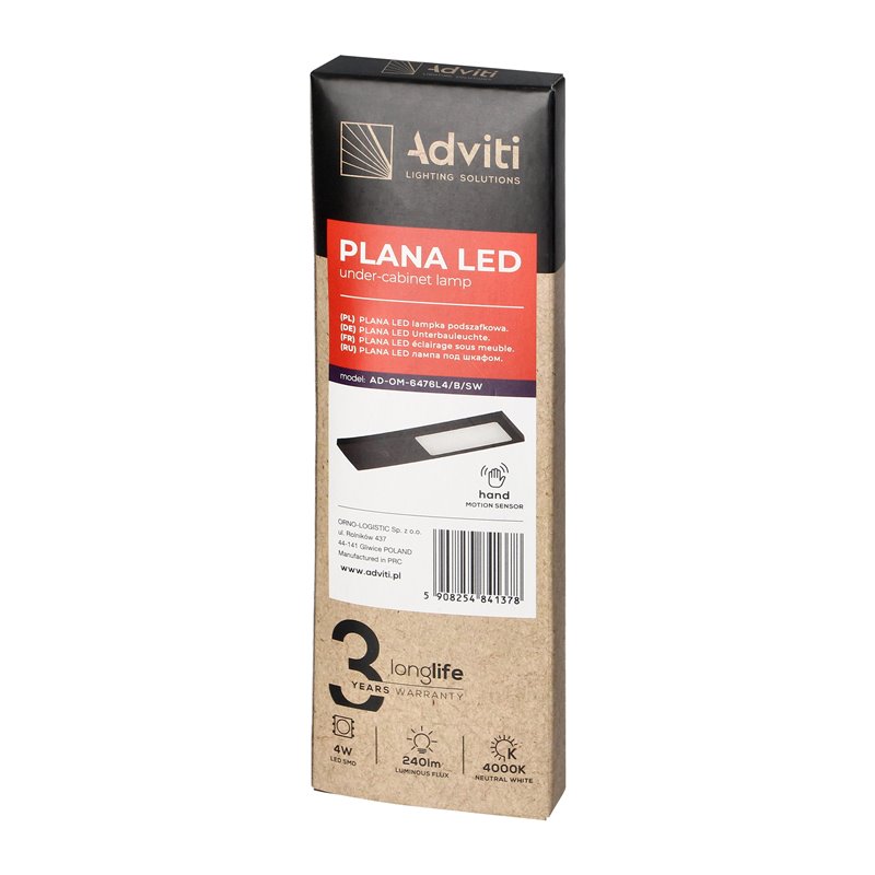 PLANA LAMPKA PODSZAFKOWA LED 4W, 240LM, 4000K, Z WŁĄCZNIKIEM BEZDOTYKOWYM, CZARNA ORNO PLANA LAMPKA PODSZAFKOWA LED 4W, 240LM, 4000K, Z WŁĄCZNIKIEM BEZDOTYKOWYM, CZARNA ORNO