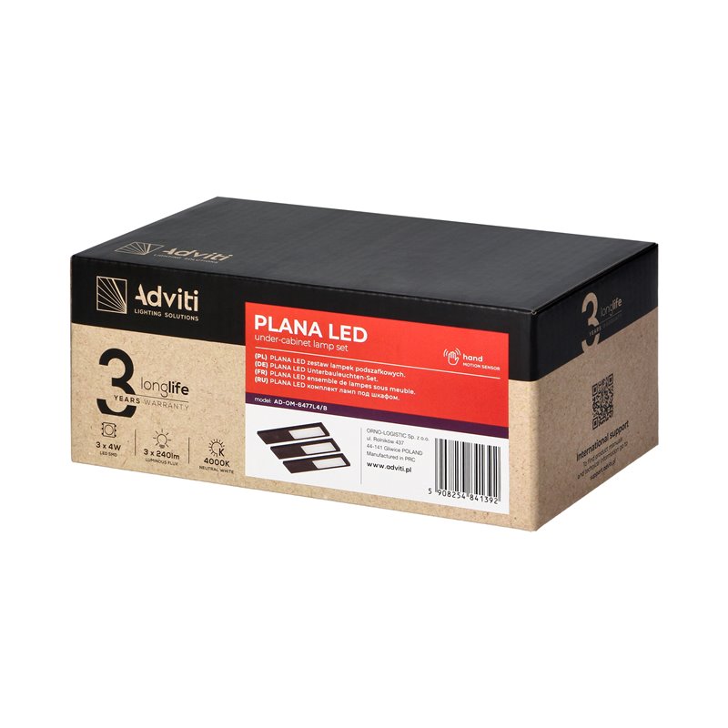 PLANA ZESTAW 3 LAMP PODSZAFKOWYCH LED, 3X4W, 3X240LM, 4000K, Z WŁĄCZNIKIEM BEZDOTYKOWYM, CZARNE ORNO PLANA ZESTAW 3 LAMP PODSZAFKOWYCH LED, 3X4W, 3X240LM, 4000K, Z WŁĄCZNIKIEM BEZDOTYKOWYM, CZARNE ORNO