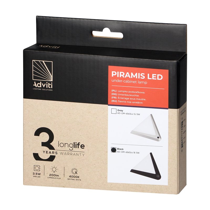 PIRAMIS LAMPKA PODSZAFKOWA LED 3,5W, 200LM, 4000K, Z WŁĄCZNIKIEM BEZDOTYKOWYM, CZARNA ORNO PIRAMIS LAMPKA PODSZAFKOWA LED 3,5W, 200LM, 4000K, Z WŁĄCZNIKIEM BEZDOTYKOWYM, CZARNA ORNO