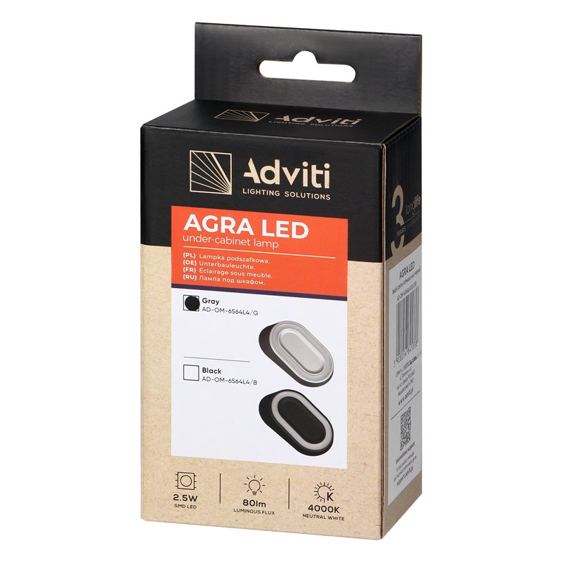 AGRA LAMPKA PODSZAFKOWA LED 2,5W, 80LM, 4000K, SZARA ORNO AGRA LAMPKA PODSZAFKOWA LED 2,5W, 80LM, 4000K, SZARA ORNO