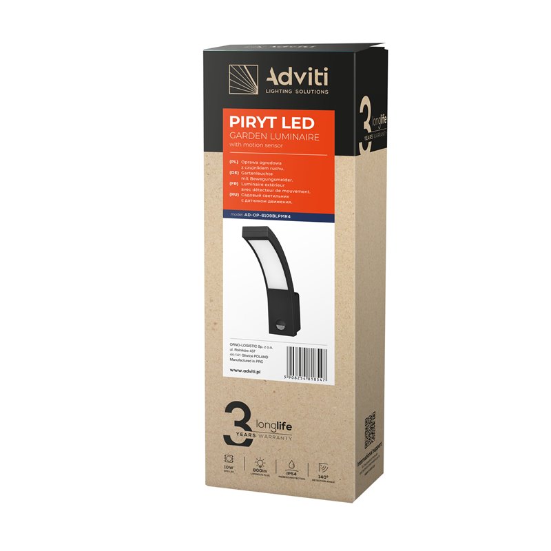 PIRYT LED 10W, OPRAWA OGRODOWA Z CZUJNIKIEM RUCHU 140ST, 800LM, IP54, 4000K, CZARNA ORNO PIRYT LED 10W, OPRAWA OGRODOWA Z CZUJNIKIEM RUCHU 140ST, 800LM, IP54, 4000K, CZARNA ORNO