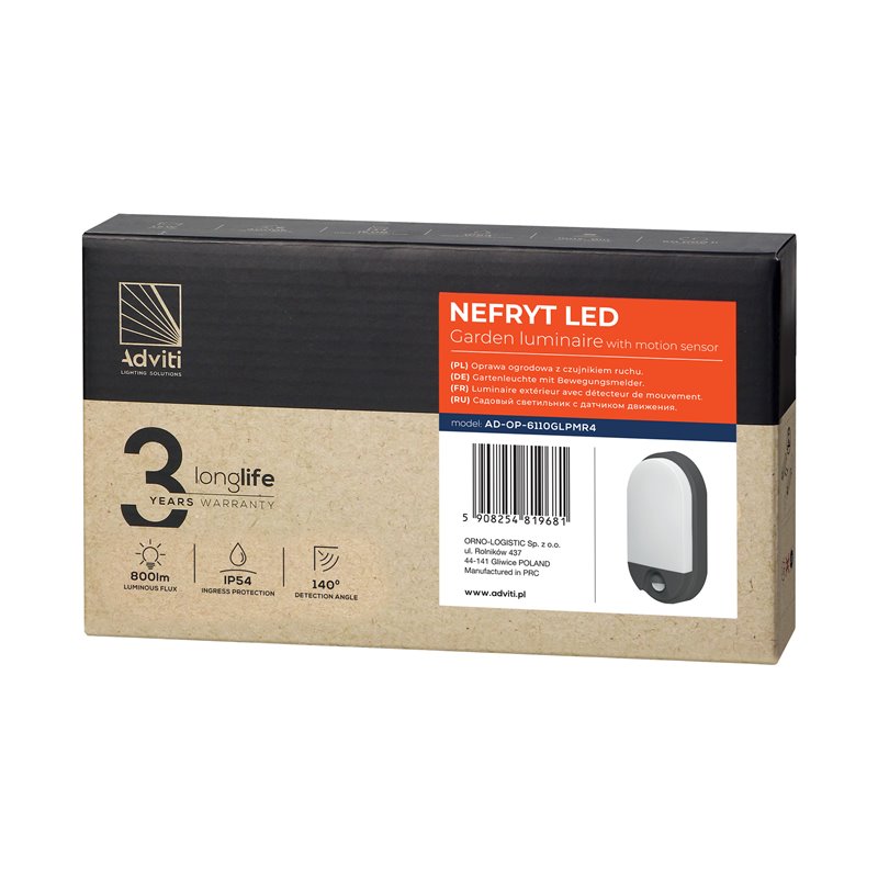 NEFRYT LED 10W, OPRAWA OGRODOWA Z CZUJNIKIEM RUCHU PIR, 800LM, IP54, 4000K, SZARA ORNO NEFRYT LED 10W, OPRAWA OGRODOWA Z CZUJNIKIEM RUCHU PIR, 800LM, IP54, 4000K, SZARA ORNO