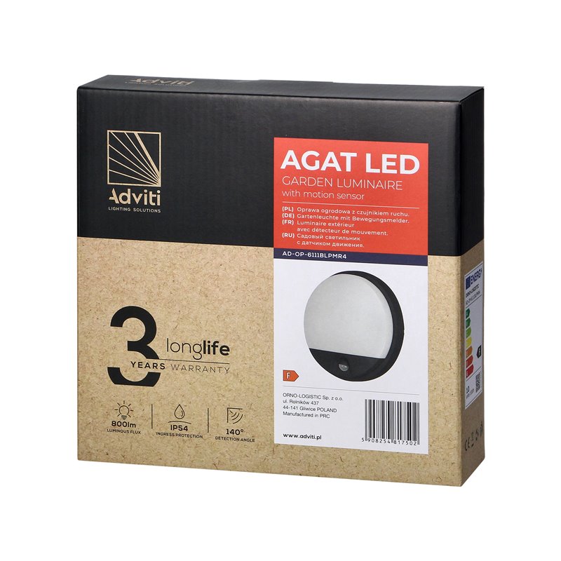 AGAT LED 10W, OPRAWA OGRODOWA Z CZUJNIKIEM RUCHU, 140ST, 800LM, IP54, 4000K, CZARNA ORNO AGAT LED 10W, OPRAWA OGRODOWA Z CZUJNIKIEM RUCHU, 140ST, 800LM, IP54, 4000K, CZARNA ORNO