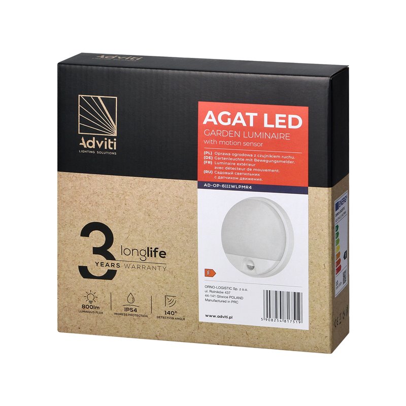 AGAT LED 10W, OPRAWA OGRODOWA Z CZUJNIKIEM RUCHU 140°, 800LM, IP54, 4000K, BIAŁA ORNO AGAT LED 10W, OPRAWA OGRODOWA Z CZUJNIKIEM RUCHU 140°, 800LM, IP54, 4000K, BIAŁA ORNO