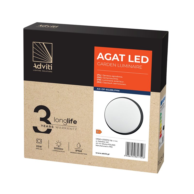 AGAT LED 15W, OPRAWA OGRODOWA, 1100LM, IP54, 4000K, CZARNA ORNO AGAT LED 15W, OPRAWA OGRODOWA, 1100LM, IP54, 4000K, CZARNA ORNO