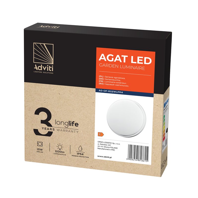 AGAT LED 15W, OPRAWA OGRODOWA, 1100LM, IP54, 4000K, BIAŁA ORNO AGAT LED 15W, OPRAWA OGRODOWA, 1100LM, IP54, 4000K, BIAŁA ORNO