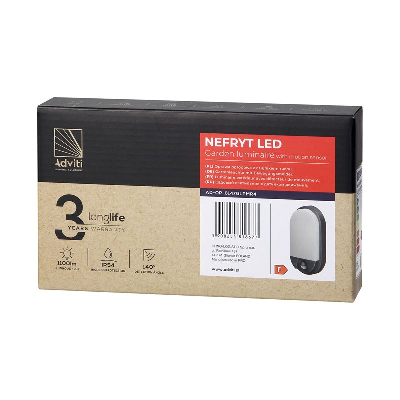 NEFRYT LED 15W, OPRAWA OGRODOWA Z CZUJNIKIEM RUCHU, 1100LM, IP54, 4000K, SZARA ORNO NEFRYT LED 15W, OPRAWA OGRODOWA Z CZUJNIKIEM RUCHU, 1100LM, IP54, 4000K, SZARA ORNO