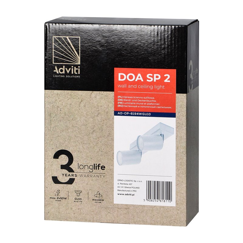 DOA SP 2, OPRAWA ŚCIENNO-SUFITOWA, GU10 MAX. 2X50W, IP20, BIAŁA ORNO DOA SP 2, OPRAWA ŚCIENNO-SUFITOWA, GU10 MAX. 2X50W, IP20, BIAŁA ORNO