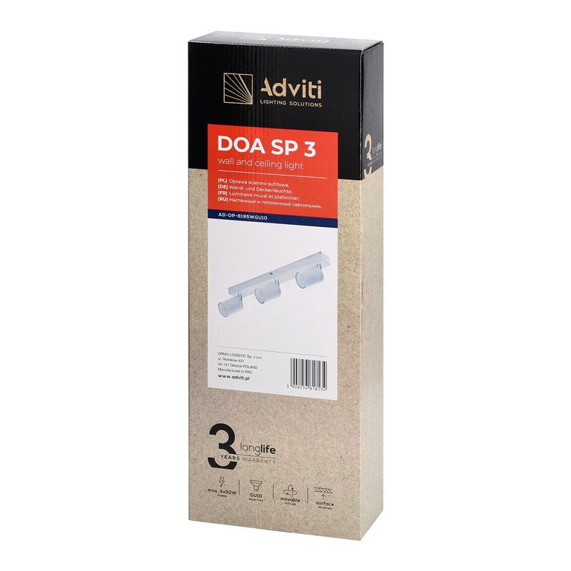 DOA SP 3, OPRAWA ŚCIENNO-SUFITOWA, GU10 MAX. 3X50W, IP20, BIAŁA ORNO DOA SP 3, OPRAWA ŚCIENNO-SUFITOWA, GU10 MAX. 3X50W, IP20, BIAŁA ORNO