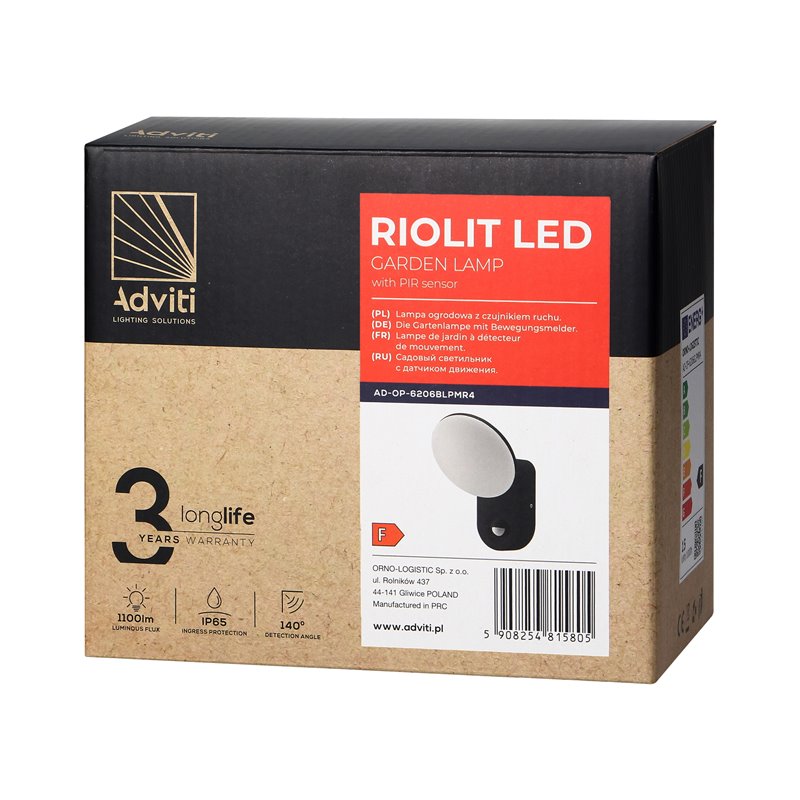 RIOLIT LED 15W, OPRAWA OGRODOWA Z CZUJNIKIEM RUCHU, 1100LM, IP65, 4000K, CZARNA ORNO RIOLIT LED 15W, OPRAWA OGRODOWA Z CZUJNIKIEM RUCHU, 1100LM, IP65, 4000K, CZARNA ORNO