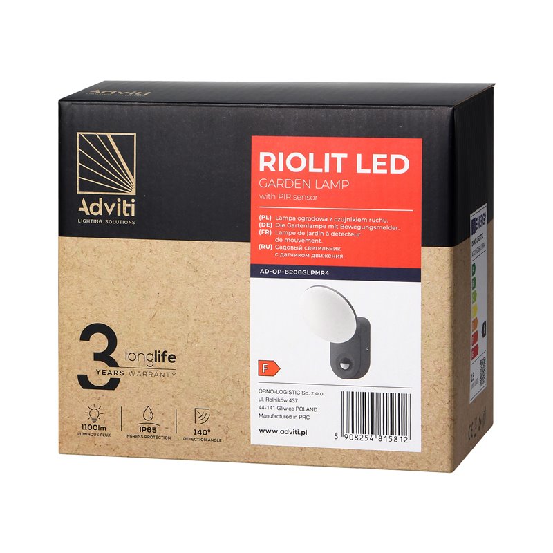 RIOLIT LED 15W, OPRAWA OGRODOWA Z CZUJNIKIEM RUCHU, 1100LM, IP65, 4000K, SZARA ORNO RIOLIT LED 15W, OPRAWA OGRODOWA Z CZUJNIKIEM RUCHU, 1100LM, IP65, 4000K, SZARA ORNO