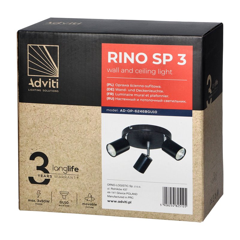 RINO OPRAWA ŚCIENNO-SUFITOWA, MOC MAX. 3X50W, GU10, IP20, CZARNA ORNO RINO OPRAWA ŚCIENNO-SUFITOWA, MOC MAX. 3X50W, GU10, IP20, CZARNA ORNO