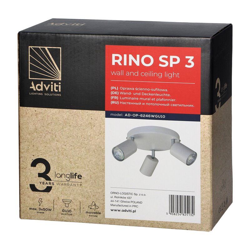RINO OPRAWA ŚCIENNO-SUFITOWA, MOC MAX. 3X50W, GU10, IP20, BIAŁA ORNO RINO OPRAWA ŚCIENNO-SUFITOWA, MOC MAX. 3X50W, GU10, IP20, BIAŁA ORNO
