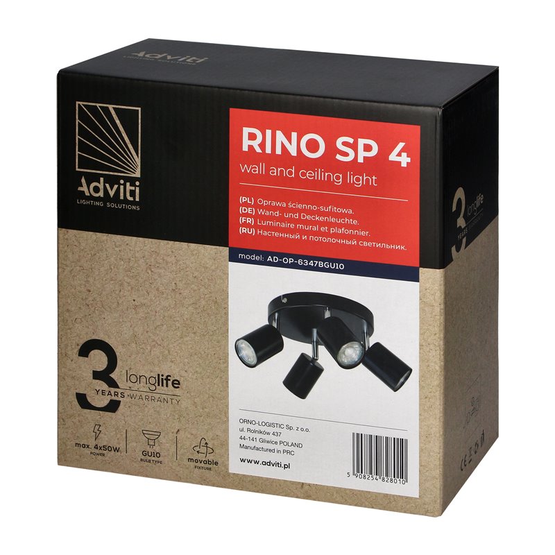 RINO SP 4, OPRAWA ŚCIENNO-SUFITOWA, GU10 MAX. 4X50W, IP20, CZARNA ORNO RINO SP 4, OPRAWA ŚCIENNO-SUFITOWA, GU10 MAX. 4X50W, IP20, CZARNA ORNO